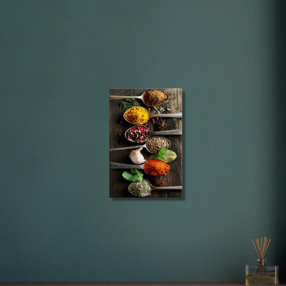 Pfeffer, Harissa, Curry, Kreuzkümmel und Zimt im Löffel auf einer Leinwand