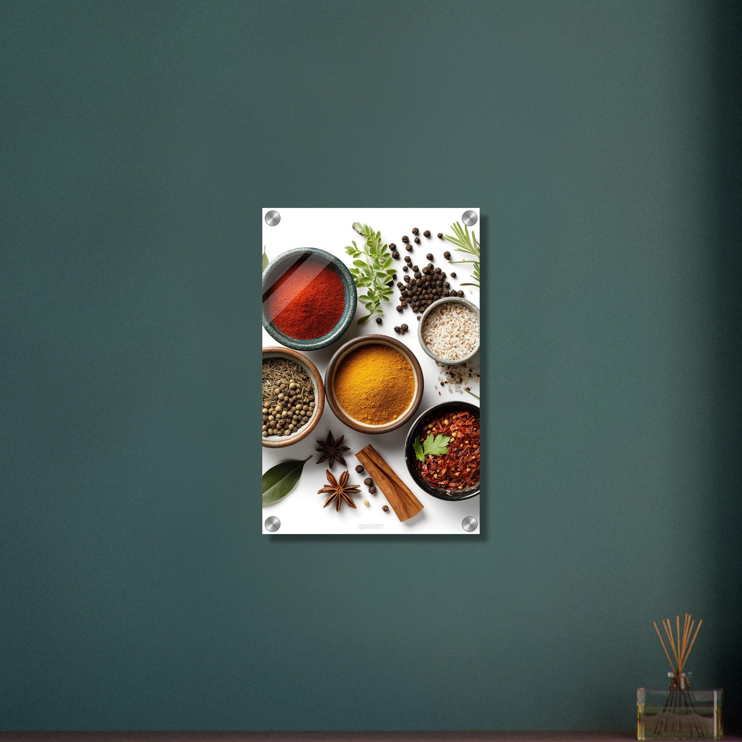 Curry, Pfeffer, Kreuzkümmel, Salz, Harissa und Aleppo Chili in Schalen auf einem Acrylbild