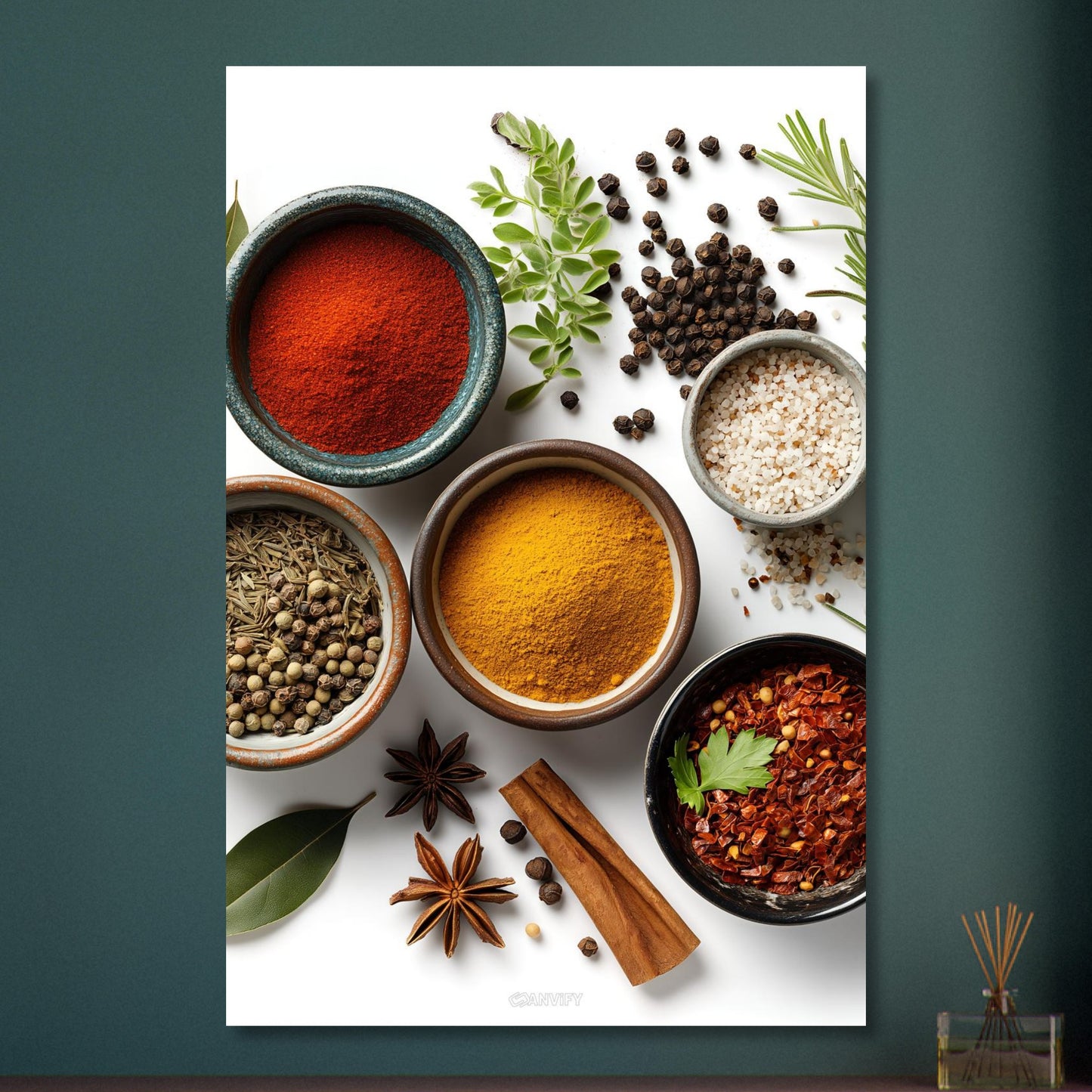 Curry, Pfeffer, Kreuzkümmel, Salz, Harissa und Aleppo Chili in Schalen auf Aluminium