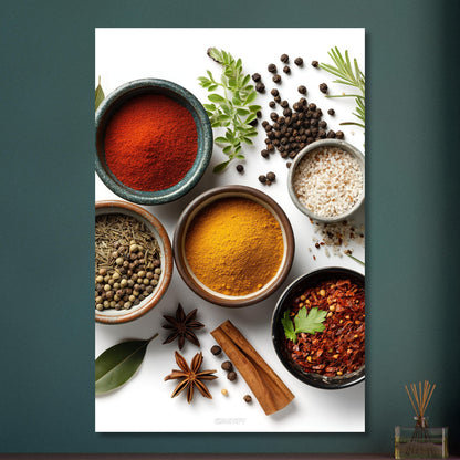 Curry, Pfeffer, Kreuzkümmel, Salz, Harissa und Aleppo Chili in Schalen auf Aluminium