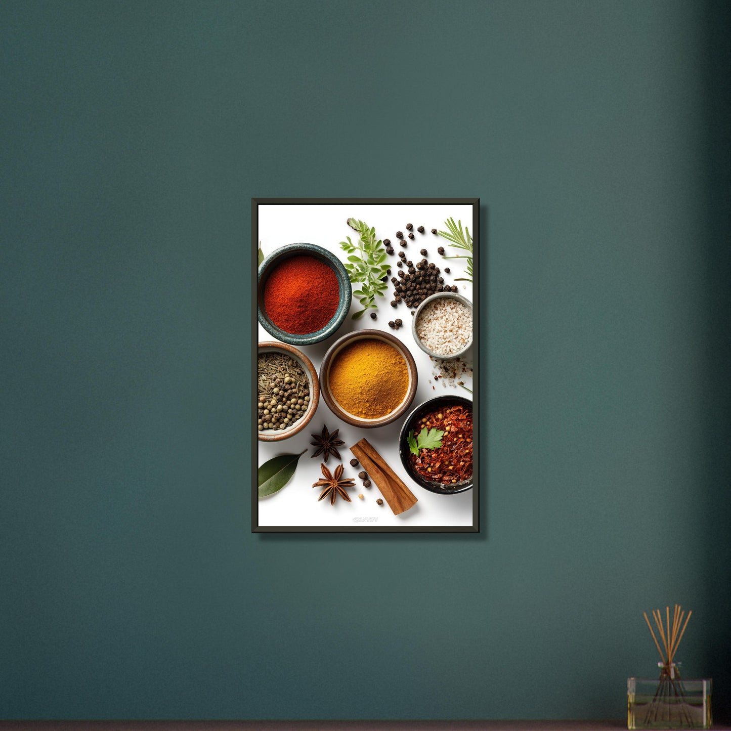 Curry, Pfeffer, Kreuzkümmel, Salz, Harissa und Aleppo Chili in Schalen auf einem Poster im Metallrahmen