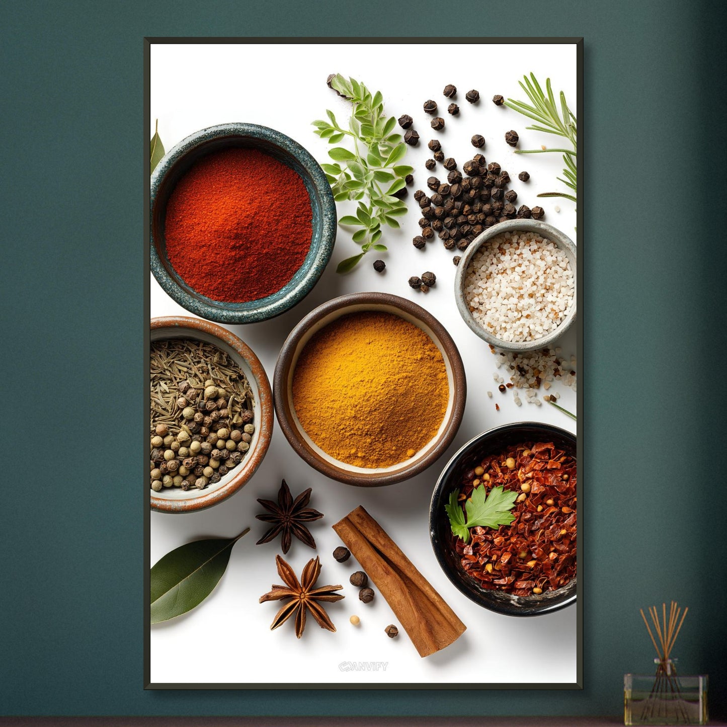 Curry, Pfeffer, Kreuzkümmel, Salz, Harissa und Aleppo Chili in Schalen auf einem Poster im Metallrahmen