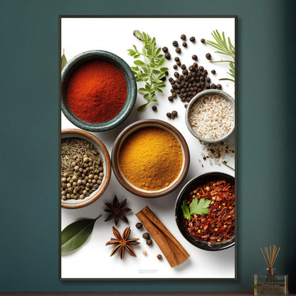 Curry, Pfeffer, Kreuzkümmel, Salz, Harissa und Aleppo Chili in Schalen auf einem Poster im Metallrahmen