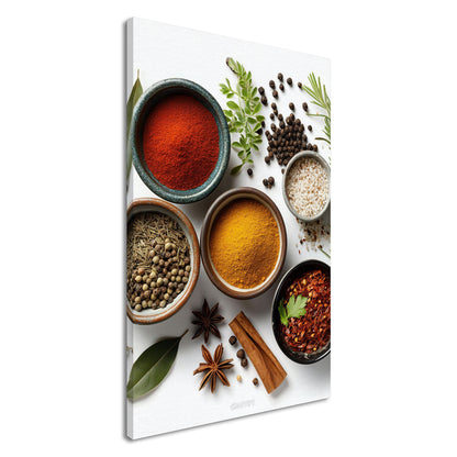 Curry, Pfeffer, Kreuzkümmel, Salz, Harissa und Aleppo Chili in Schalen auf einer Leinwand