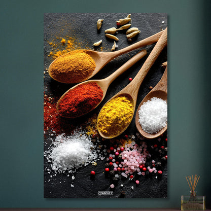 Curry, Harissa, Salz und Muskatnuss im Holzlöffel auf Aluminium