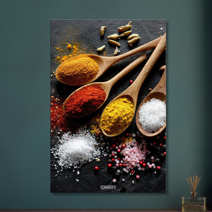 Curry, Harissa, Salz und Muskatnuss im Holzlöffel auf einer Leinwand