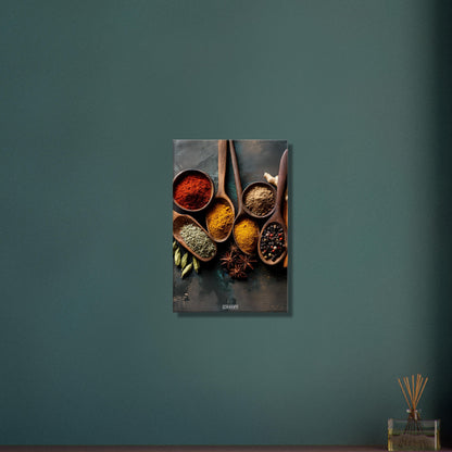 Harissa, Curry, Muskatnuss, Pfeffer und Kreuzkümmel im Holzlöffel auf einer Leinwand