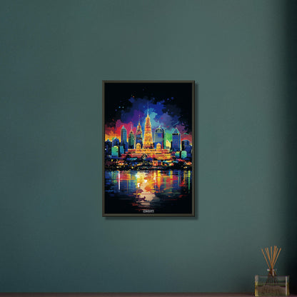 Buddhistischer Tempel in Bangkok namens Wat Arun in bunten Acrylfarben auf einem Poster im Metallrahmen
