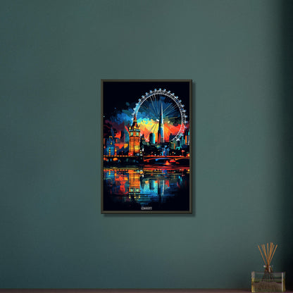 Riesenrad von London namens London Eye oder auch als Millennium Wheel bekannt in bunten Acrylfarben auf einem Poster im Metallrahmen
