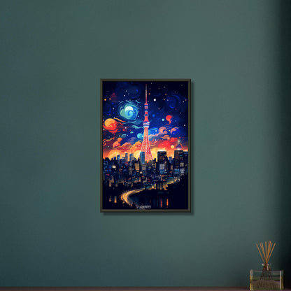 Japans Hauptstadt Tokyo in bunten Acrylfarben auf einem Poster im Metallrahmen