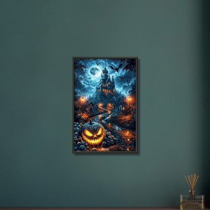 Gruseliger Kürbis steht im Haufen voller Totenköpfe in einer regnerischen Vollmondnacht vor einem Schloss mit Fledermäusen auf einem Poster im Metallrahmen