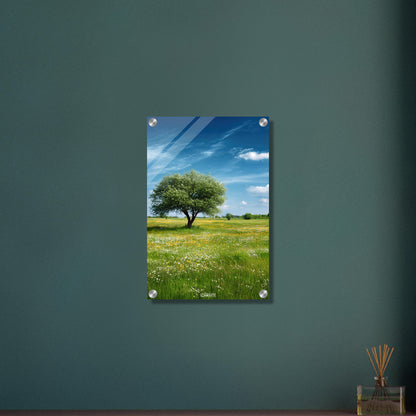 Blühende Frühlingswiese mit einem Baum und blauem Himmel auf einem Acrylbild