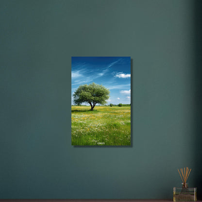 Blühende Frühlingswiese mit einem Baum und blauem Himmel auf Aluminium