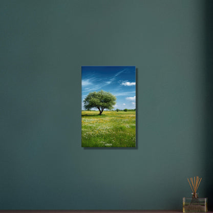Blühende Frühlingswiese mit einem Baum und blauem Himmel auf einer Leinwand