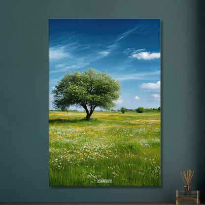 Blühende Frühlingswiese mit einem Baum und blauem Himmel auf einer Leinwand