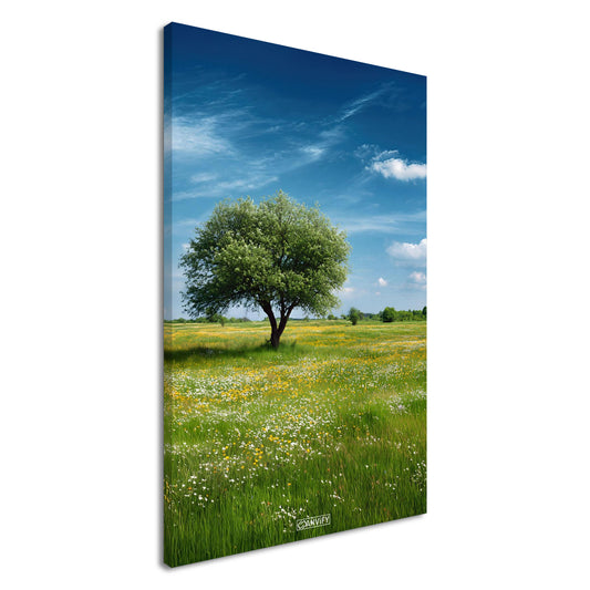 Blühende Frühlingswiese mit einem Baum und blauem Himmel auf einer Leinwand