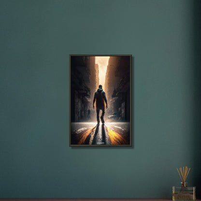 Stadtnomade aus Cyberpunk 2077 geht durch die Gassen von Night City auf einem Poster im Metallrahmen