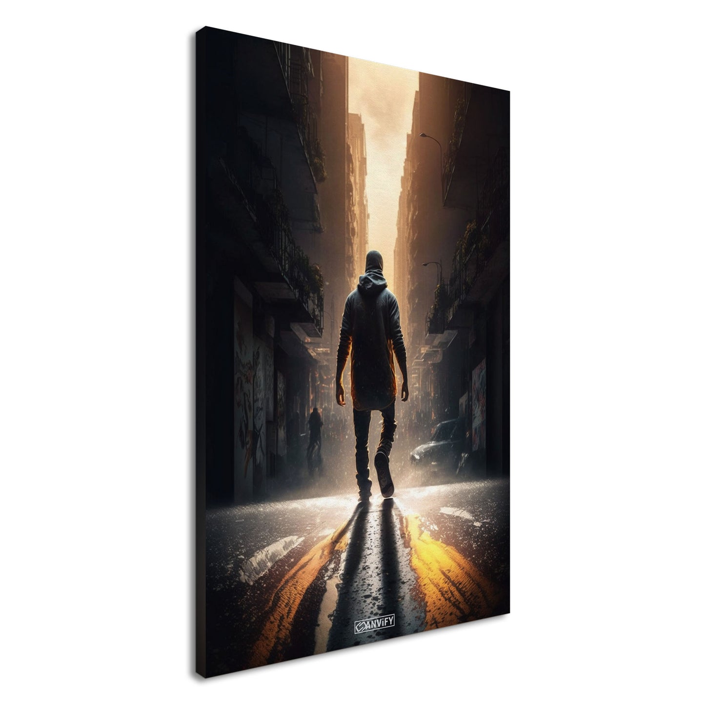 Stadtnomade aus Cyberpunk 2077 geht durch die Gassen von Night City auf einer Leinwand