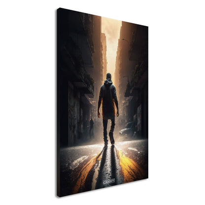 Stadtnomade aus Cyberpunk 2077 geht durch die Gassen von Night City auf einer Leinwand