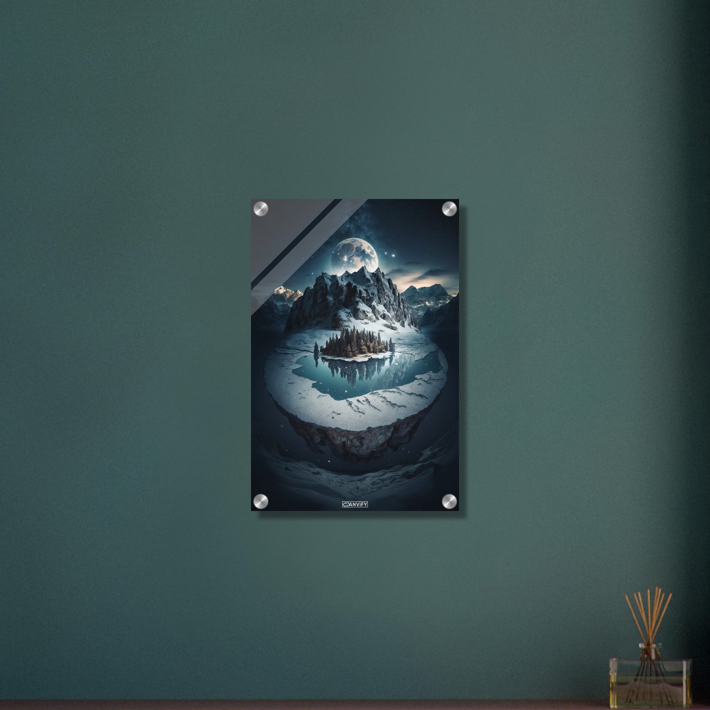 Vollmond über dem Bergsee und den Alpen auf einem Acrylbild