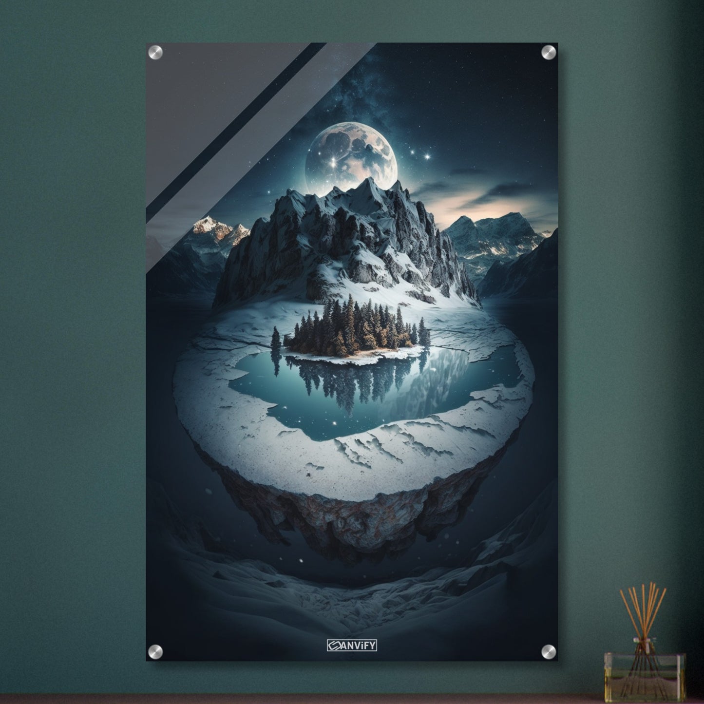 Vollmond über dem Bergsee und den Alpen auf einem Acrylbild