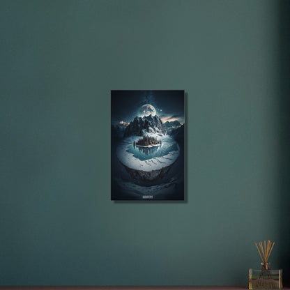 Vollmond über dem Bergsee und den Alpen auf einer Leinwand