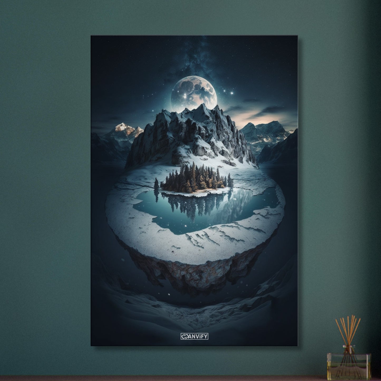 Vollmond über dem Bergsee und den Alpen auf einer Leinwand