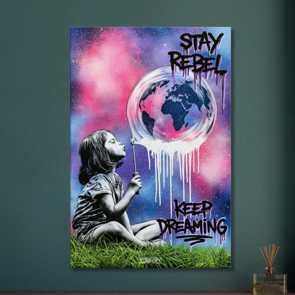 Mädchen pustet eine Seifenblase mit einer Weltkugel darin auf und mit Spruch 'Stay Rebel, Keep Dreaming' im Pop Art Stil auf einer Leinwand