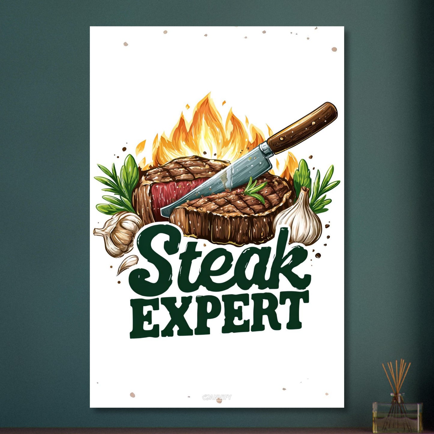 Rindfleisch im Comic Stil mit dem Schriftzug Steak Expert auf Aluminium