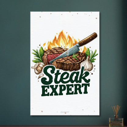 Rindfleisch im Comic Stil mit dem Schriftzug Steak Expert auf einer Leinwand