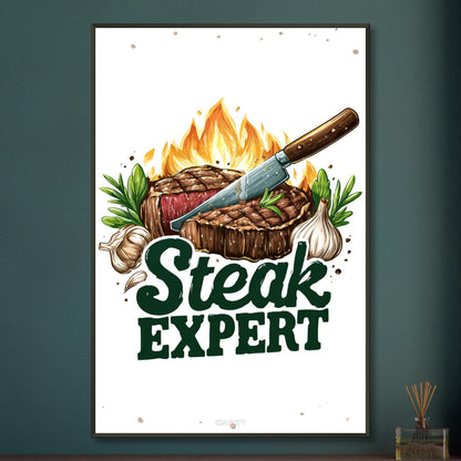 Rindfleisch im Comic Stil mit dem Schriftzug Steak Expert auf einem Poster im Metallrahmen