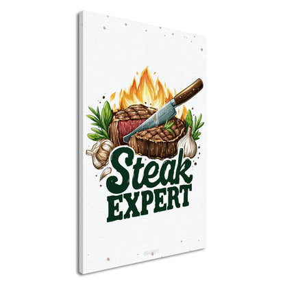 Rindfleisch im Comic Stil mit dem Schriftzug Steak Expert auf einer Leinwand