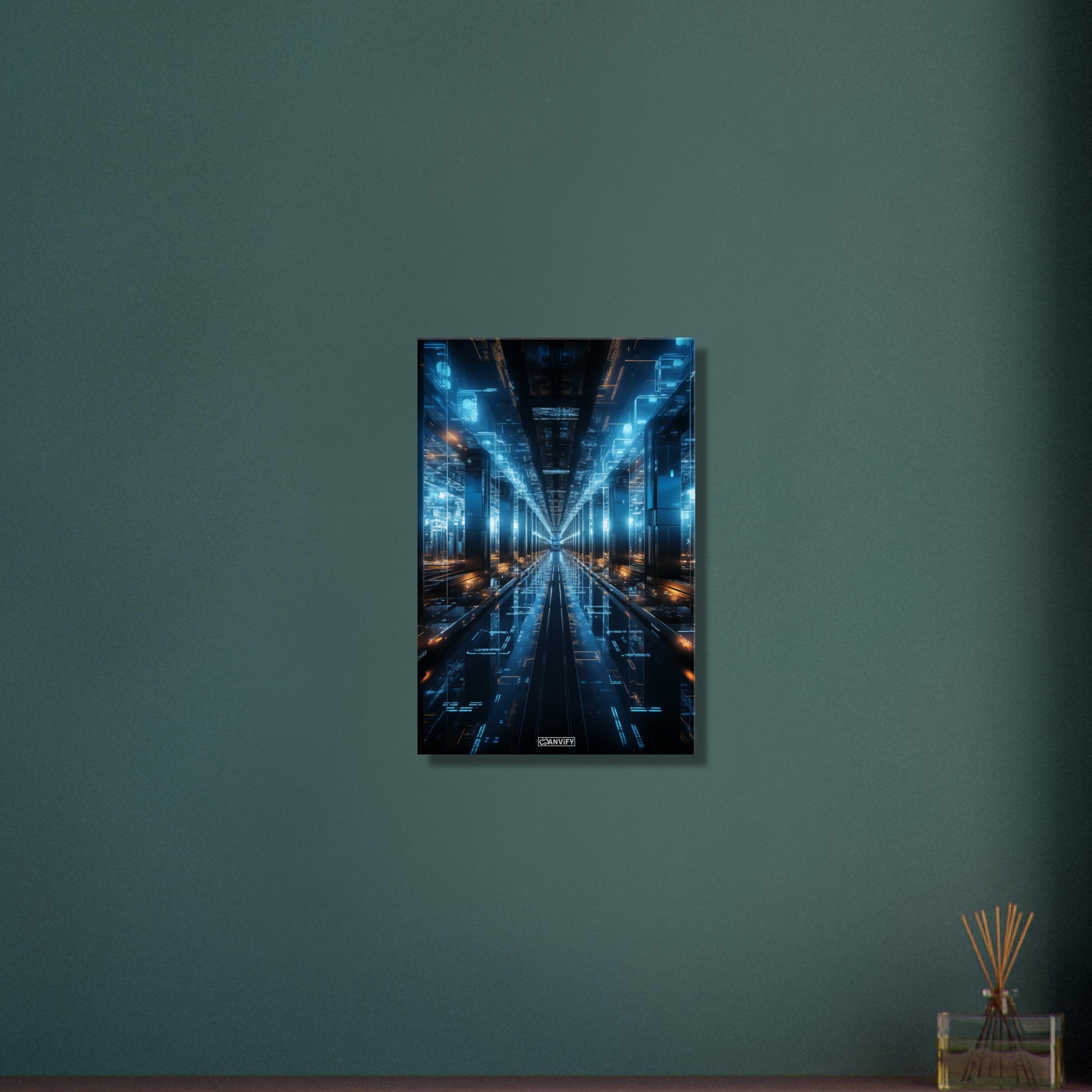 Interstellarer Serverraum in blauen Farben auf einer Leinwand
