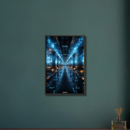 Interstellarer Serverraum in blauen Farben auf einem Poster im Metallrahmen