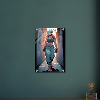 Weibliche Actionfigur mit Tattoos gezeichnet auf einem Acrylbild