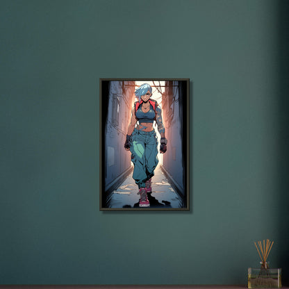 Weibliche Actionfigur mit Tattoos gezeichnet auf einem Poster im Metallrahmen