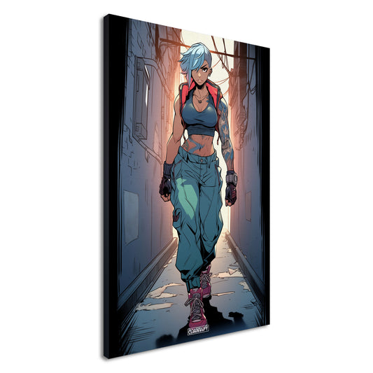 Weibliche Actionfigur mit Tattoos gezeichnet auf einer Leinwand