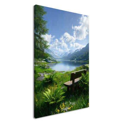 Atemberaubender See mit einer Sitzbank und schneebedeckten Berggipfeln auf einer Leinwand