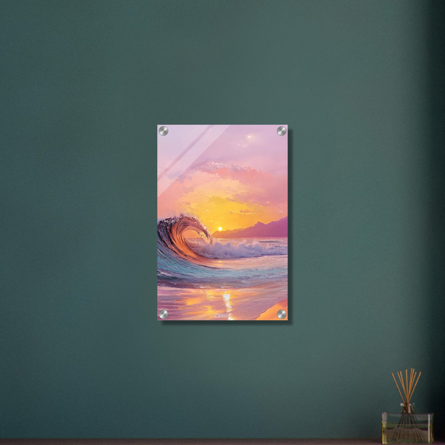 Atemberaubende Welle im Sonnenuntergang in Acrylfarben auf einem Acrylbild