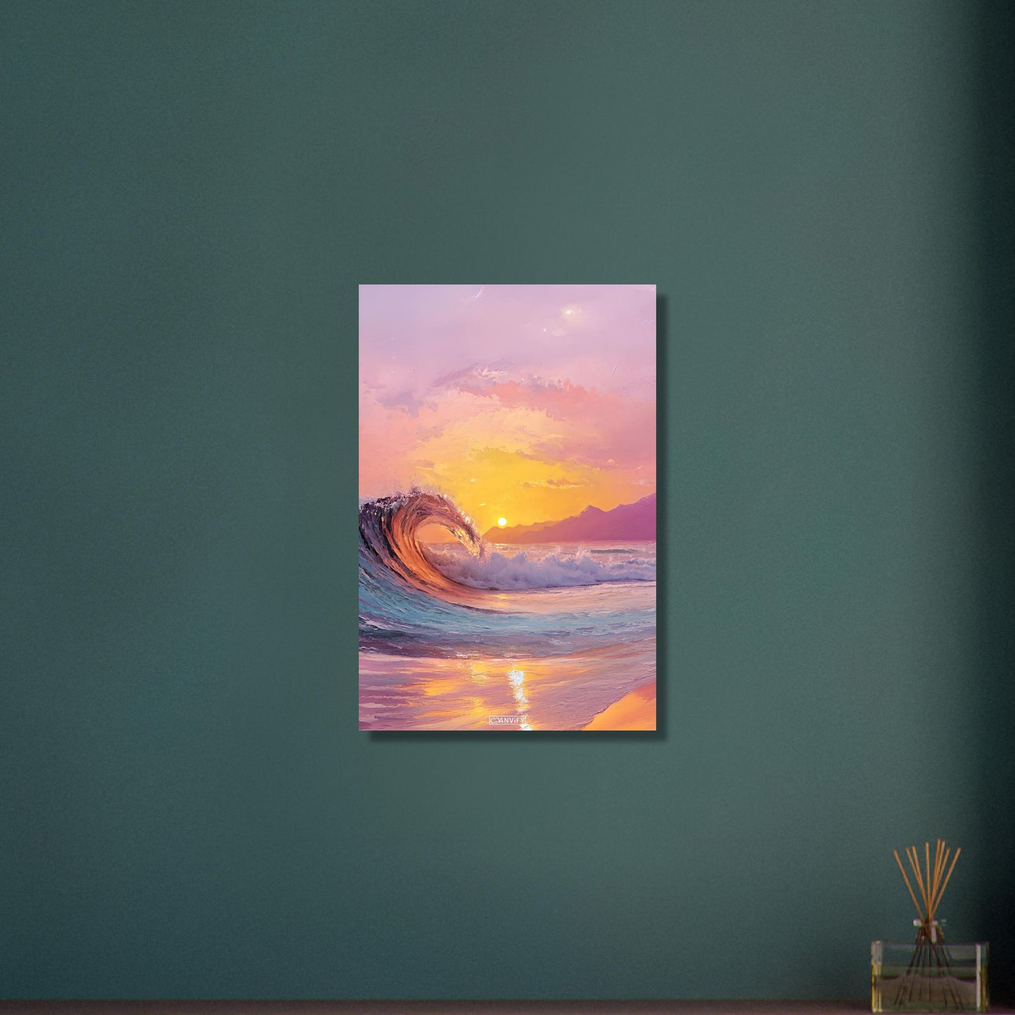 Atemberaubende Welle im Sonnenuntergang in Acrylfarben auf Aluminium