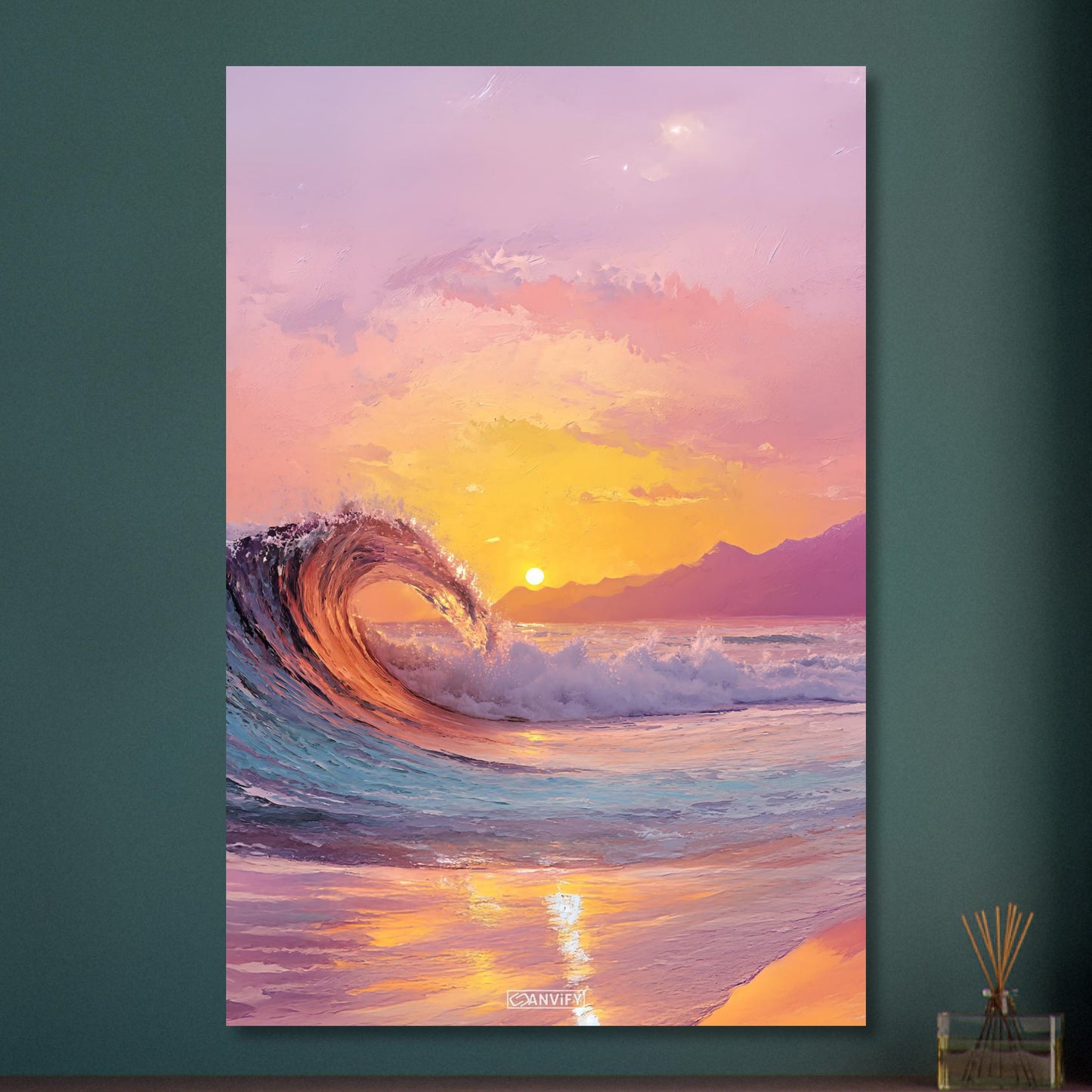 Atemberaubende Welle im Sonnenuntergang in Acrylfarben auf Aluminium