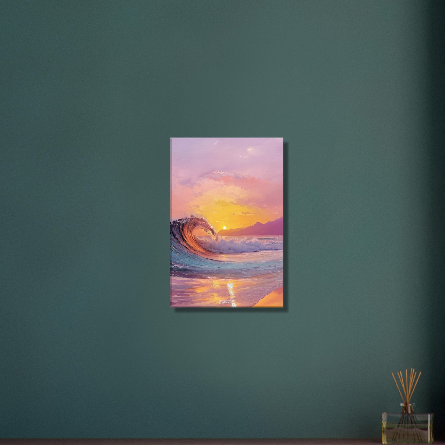 Atemberaubende Welle im Sonnenuntergang in Acrylfarben auf einer Leinwand