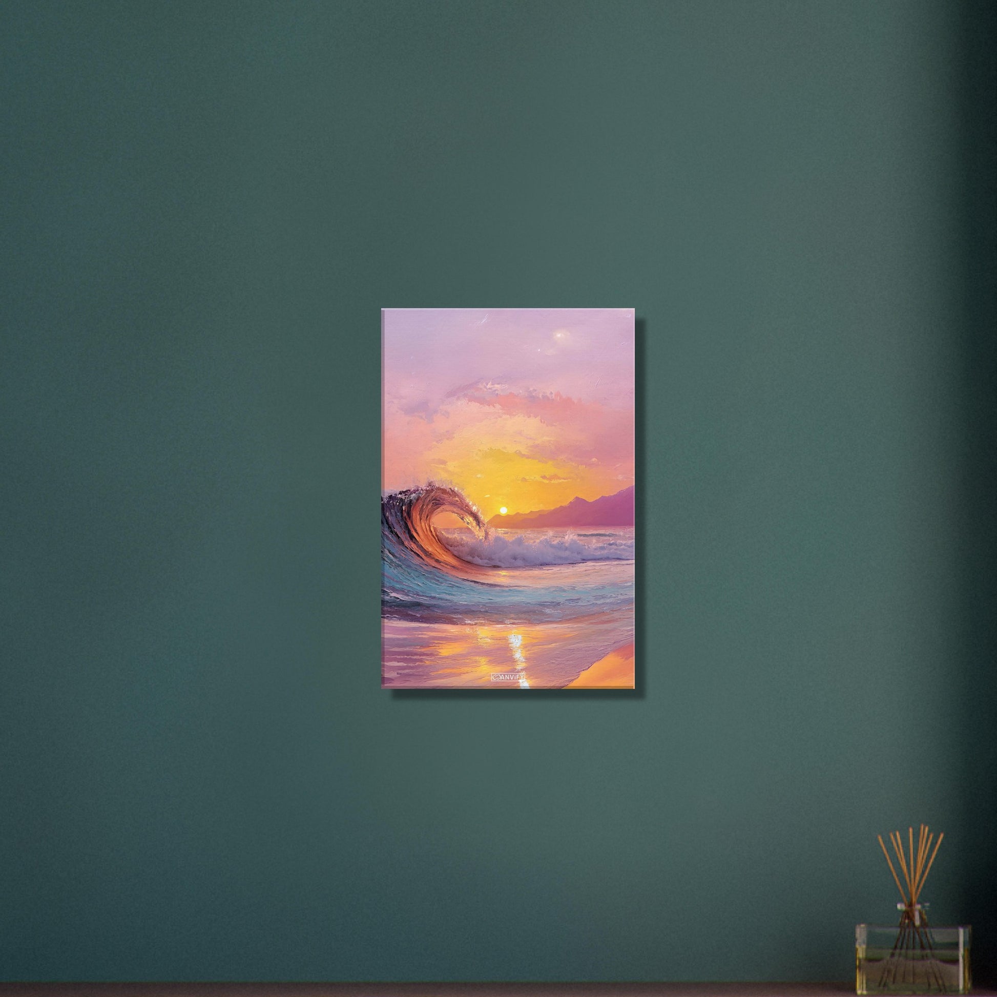 Atemberaubende Welle im Sonnenuntergang in Acrylfarben auf einer Leinwand