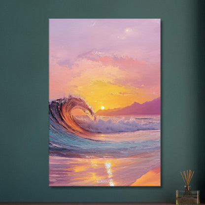 Atemberaubende Welle im Sonnenuntergang in Acrylfarben auf einer Leinwand