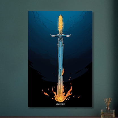 Glühendes Schwert im Stil von Excalibur auf einer Leinwand