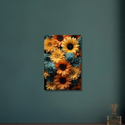 Gelbe, Blaue und Orange Sonnenblumen auf Aluminium