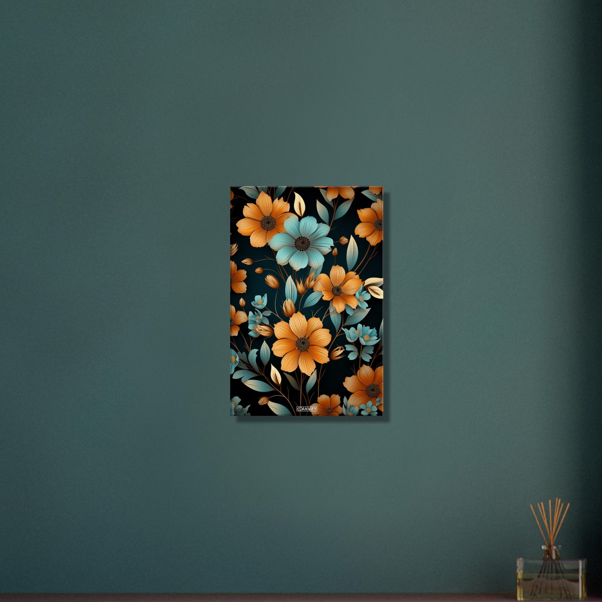 Blaue und Orange Sonnenblumen auf einer Leinwand