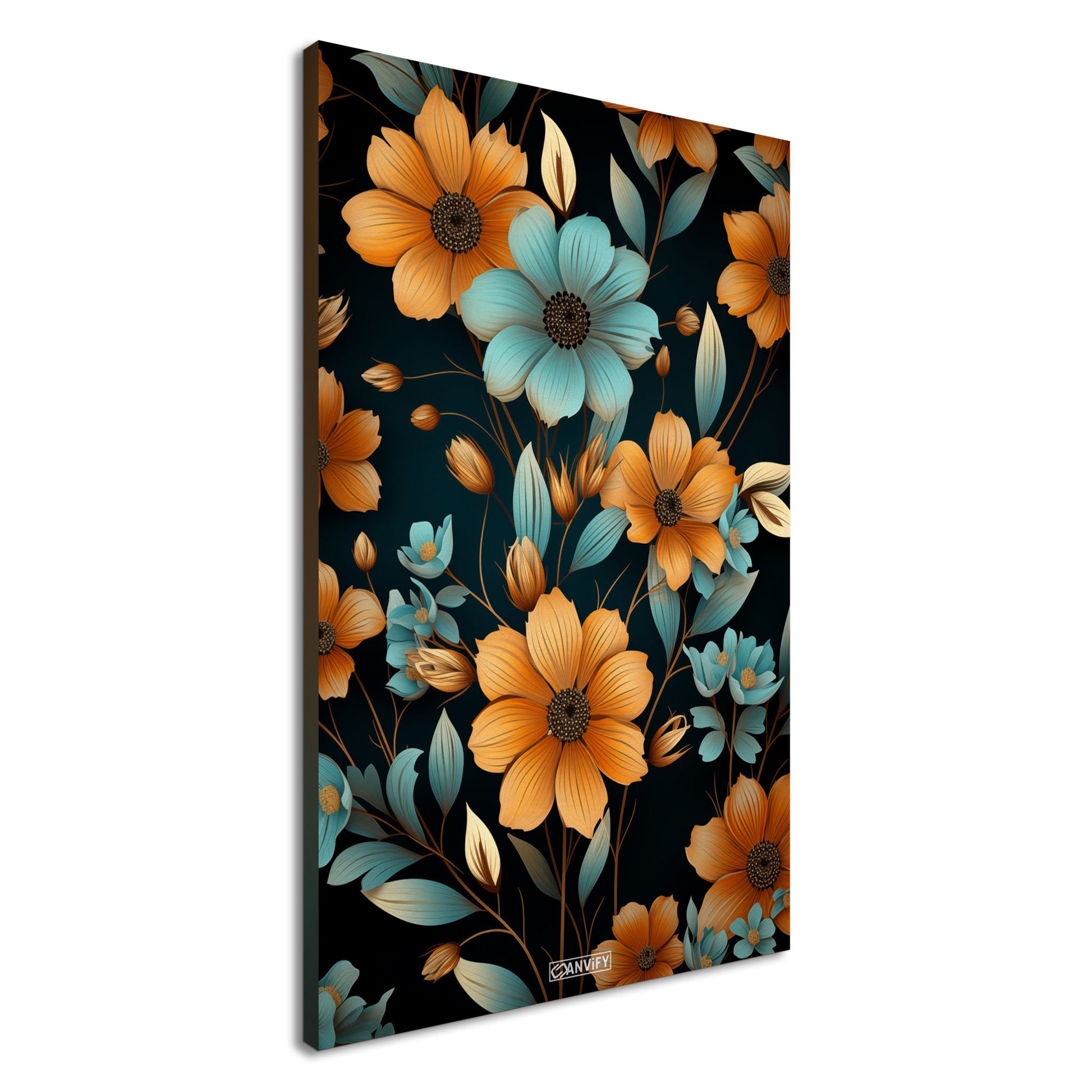 Blaue und Orange Sonnenblumen auf einer Leinwand