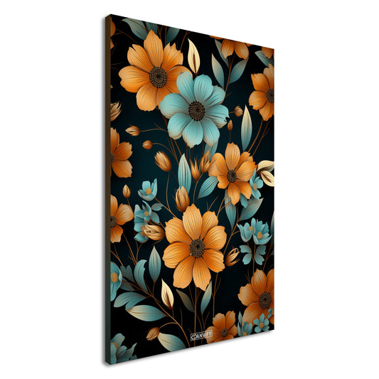 Blaue und Orange Sonnenblumen auf einer Leinwand