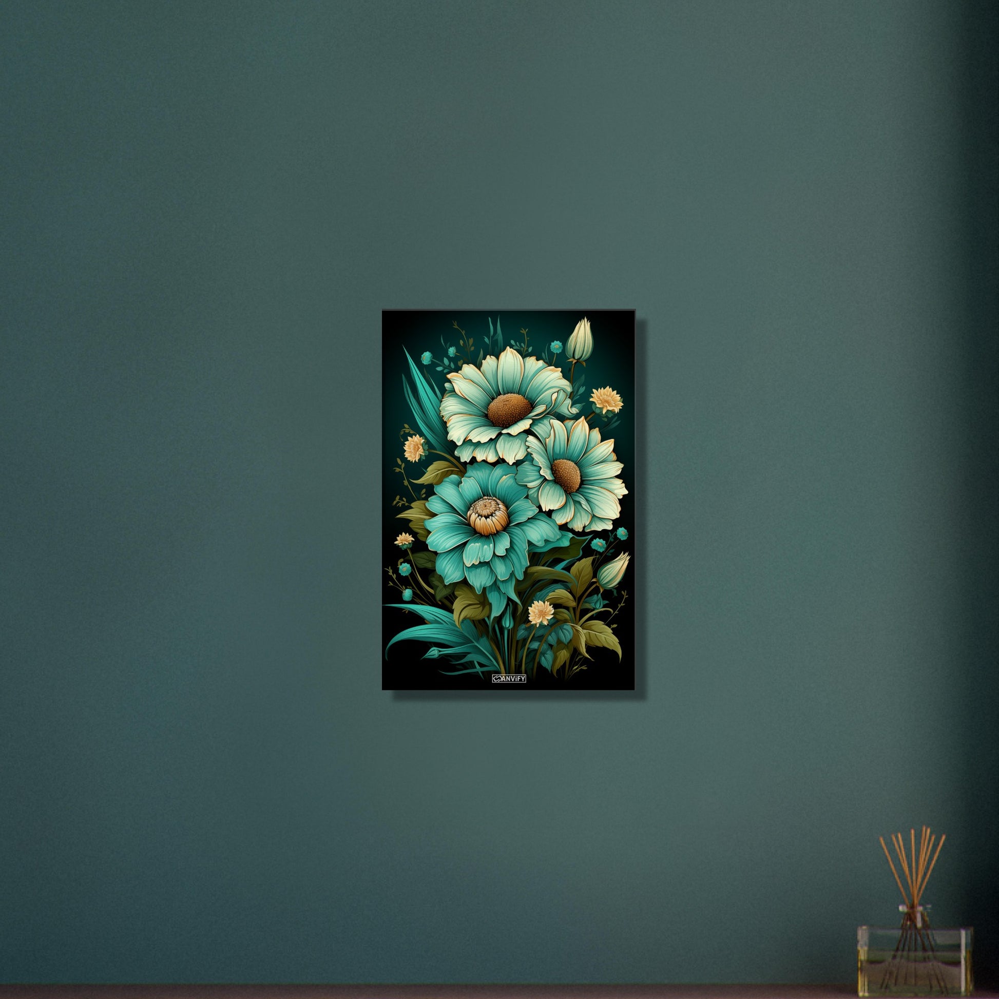 Grüne und Türkise Sonnenblumen auf einer Leinwand